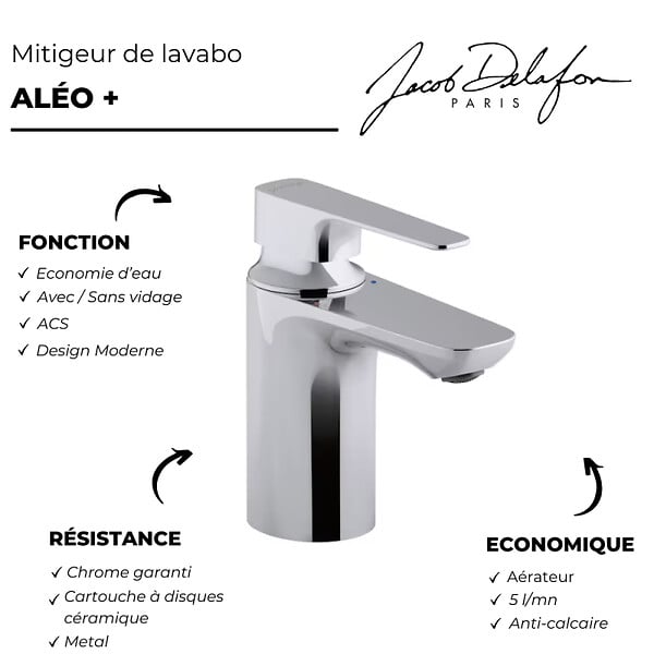 JACOB DELAFON - Mitigeur lavabo Aleo+ avec tirette - large