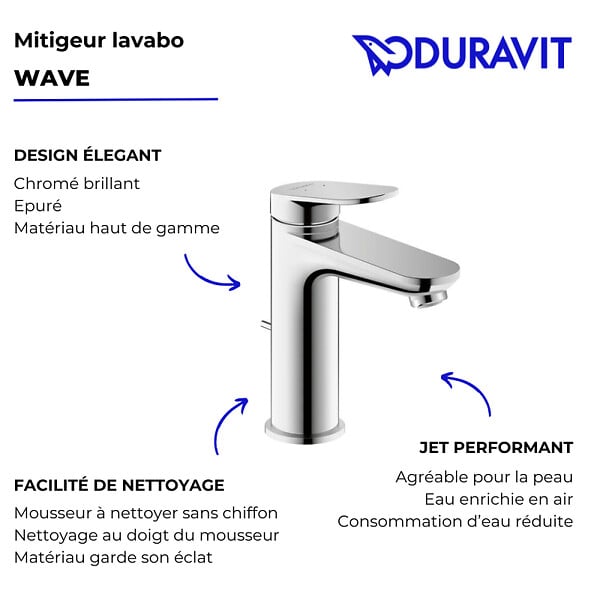 DURAVIT - Mitigeur lavabo DUVARIT Wave M avec vidage chromé brillant - large