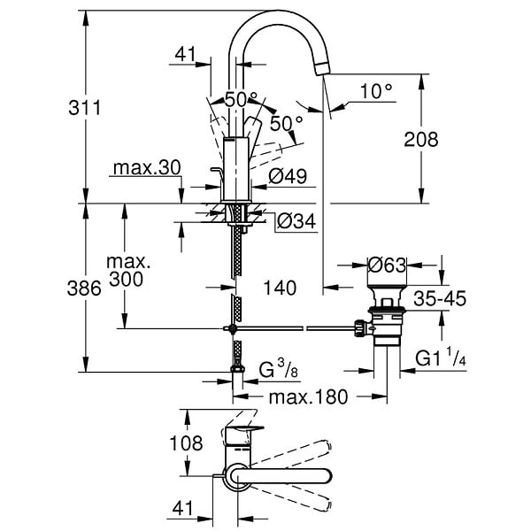 GROHE - Mitigeur lavabo Quickfix Start Edge avec tirette et vidage taille L - large