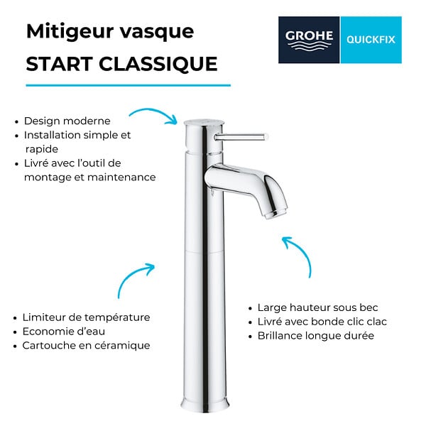 GROHE - Mitigeur vasque Quickfix Start Classic taille XL chromé + nettoyant GrohClean - large