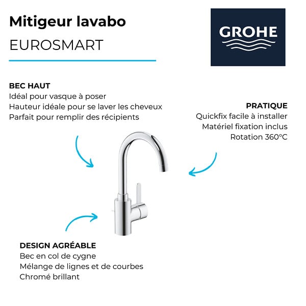 GROHE - Mitigeur de lavabo avec bonde H 30 cm bec courbé - Eurosmart cosmopolitan - 32830001 - Taille L - large