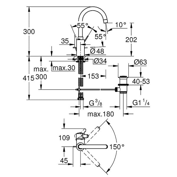 GROHE - Mitigeur de lavabo avec bonde H 30 cm bec courbé - Eurosmart cosmopolitan - 32830001 - Taille L - large