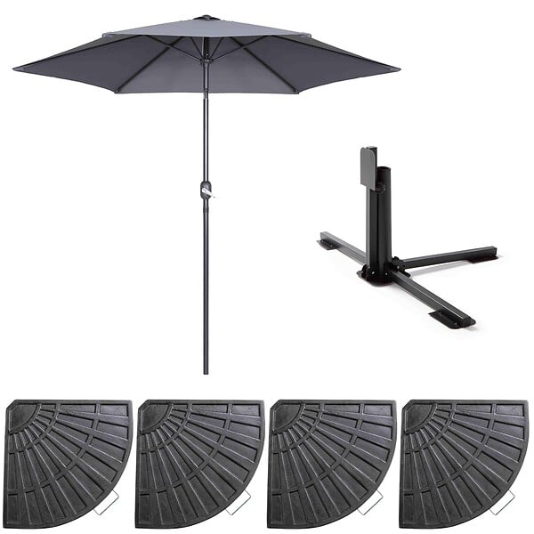 OVIALA - Parasol droit inclinable 3m et 4 dalles lestées aluminium gris - Matera - large