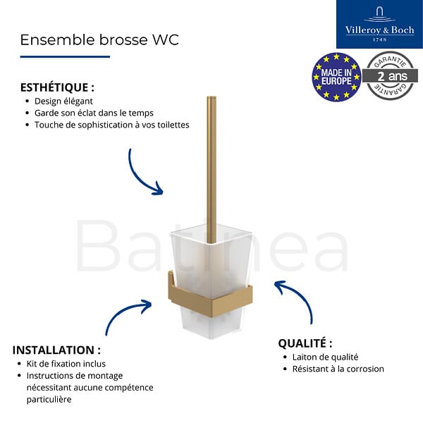 VILLEROY ET BOCH - Dérouleur de papier toilette sans couvercle + Ensemble brosse WC  Striking Chrome Gold brossé - large