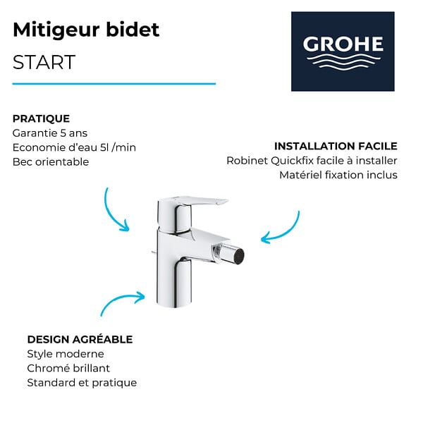 GROHE - Mitigeur mécanique Bidet Start 2021 + microfibre - large