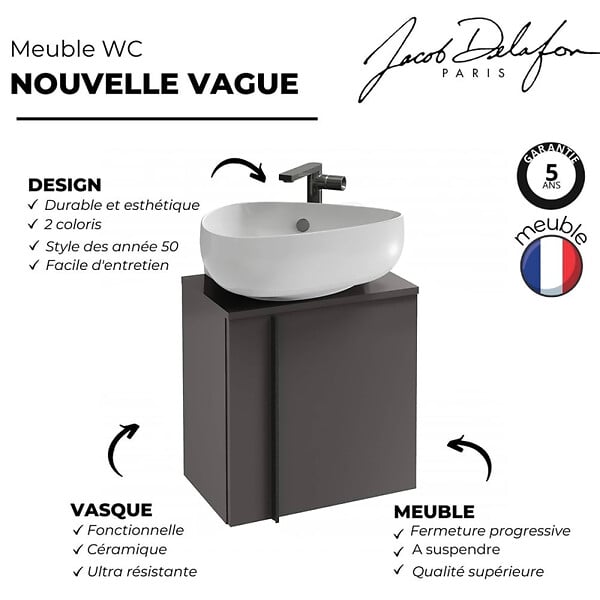 JACOB DELAFON - Meuble WC sous vasque JACOB DELAFON, Nouvelle Vague + vasque Gris anthracite, v. gauche - large