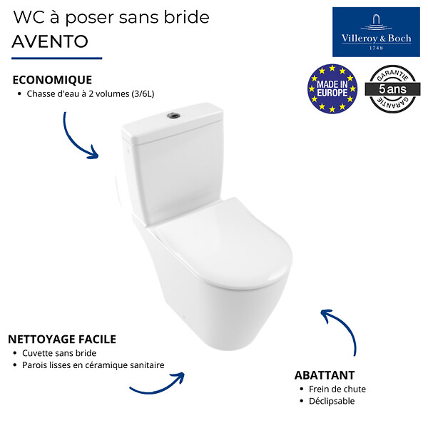 VILLEROY ET BOCH - WC à poser compact sans bride sortie horizontale  Avento avec abattant frein de chute et SlimSeat + Nettoyant - large
