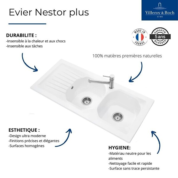 VILLEROY ET BOCH - Evier  Nestor Plus + Mitigeur cuisine bec haut Bauloop - large