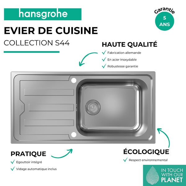 HANSGROHE - Evier 1 cuve avec égoutoir HANSGROHE S44 inox - large