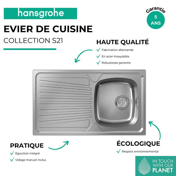 HANSGROHE - Evier 1 cuve avec égouttoir S21 inox - large