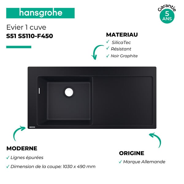 HANSGROHE - Evier à encastrer 1 bac S51 450 égouttoir à droite sans vidage noir graphite - large