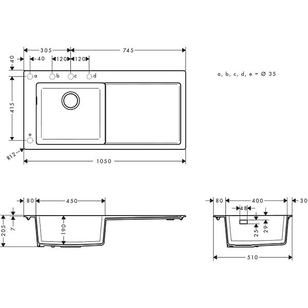 HANSGROHE - Evier à encastrer 1 bac S51 450 égouttoir à droite sans vidage noir graphite - large