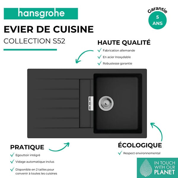 HANSGROHE - Evier 1 cuve avec égouttoir 840 S52 synthèse noir - large