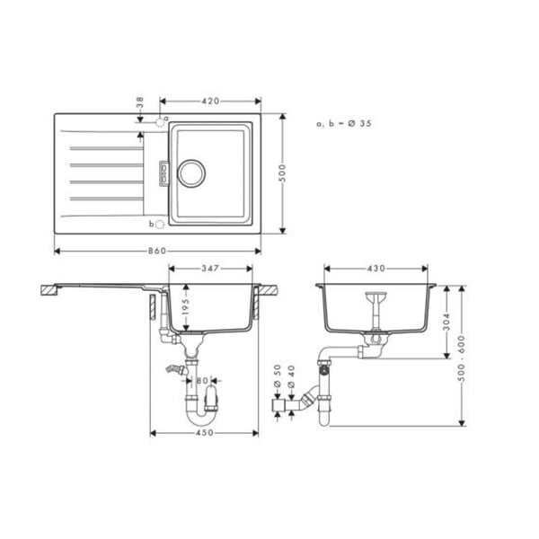 HANSGROHE - Evier 1 cuve avec égouttoir 840 S52 synthèse noir - large