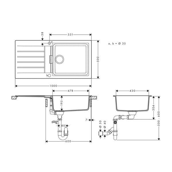 HANSGROHE - Evier 1 cuve avec égouttoir 980 S52 synthèse noir - large