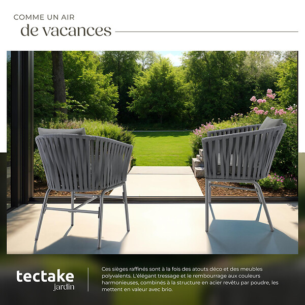 TECTAKE - Lot de 6 chaises au design corde tressée épaisseur des coussins d'assise 7 cm gris - large