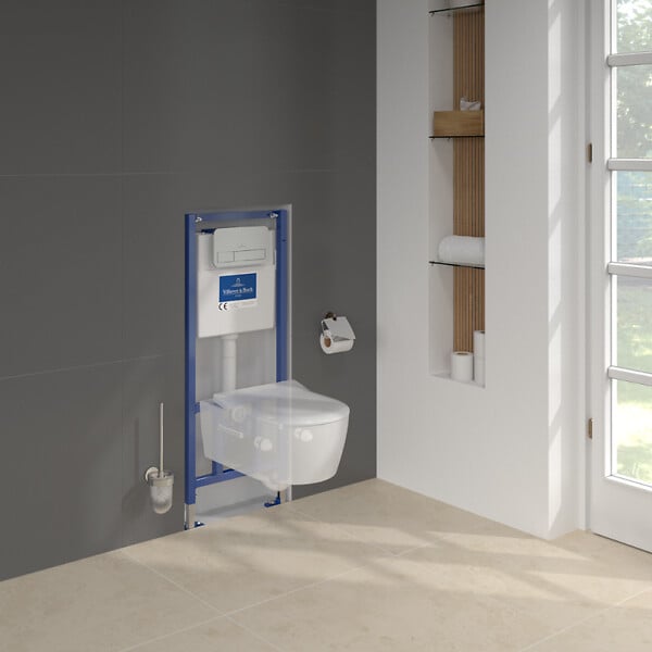 VILLEROY ET BOCH - Pack WC suspendu sans bride  Avento + Bâti support ViConnect Pro + abattant frein de chute + plaque chromée mat - large