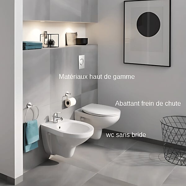 GROHE - Grohe Pack WC suspendu sans bride Bau Ceramic + abattant + plaque blanche + bâti Grohe - large