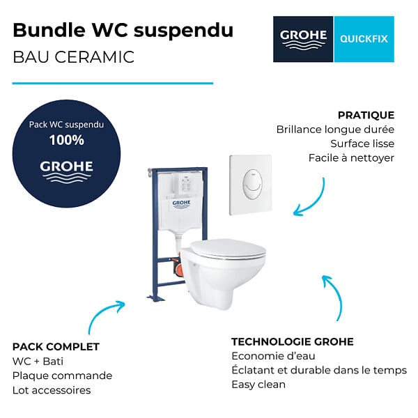 GROHE - Grohe Pack WC suspendu sans bride Bau Ceramic + abattant + plaque blanche + bâti Grohe - large