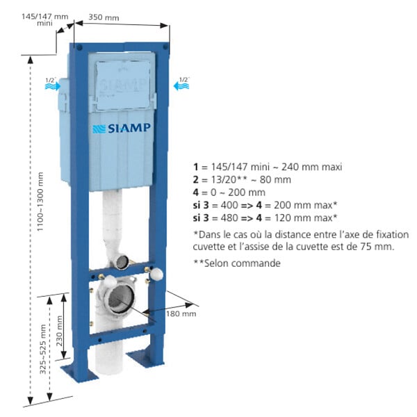 SIAMP - Bâti-support WC autoportant Ingenio Premium quieto avec plaque de commande blanche - large