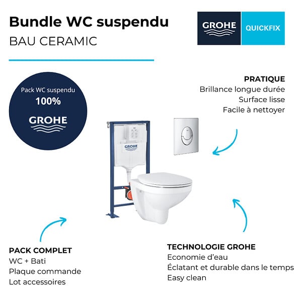 GROHE - Pack WC suspendu sans bride Bau Ceramic + abattant + plaque chromée + bâti Grohe - large