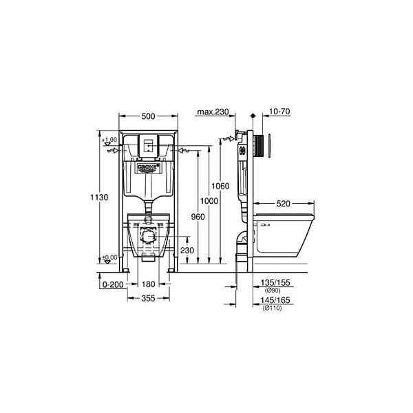 GROHE - Pack WC suspendu sans bride Bau Ceramic + abattant + plaque chromée + bâti Grohe - large