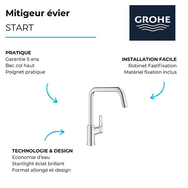 GROHE - Robinet de cuisine monocommande Start 2021 chromé + microfibre - large