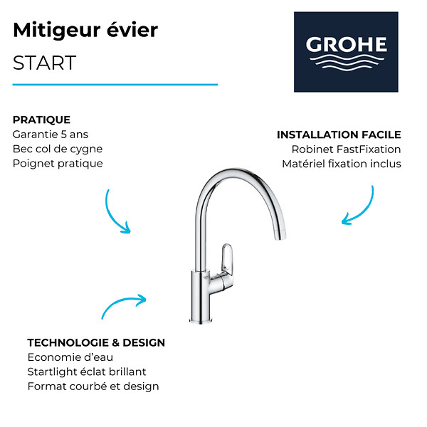 GROHE - Robinet de cuisine Start Flow Quickfix + nettoyant GrohClean - large