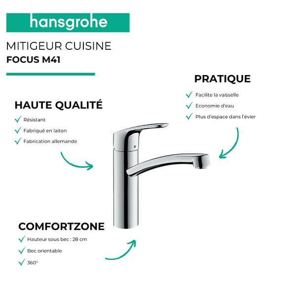 HANSGROHE - Evier 1 bac 980 S52 synthèse noir + robinet de cuisine Focus M41 160 chromé - large