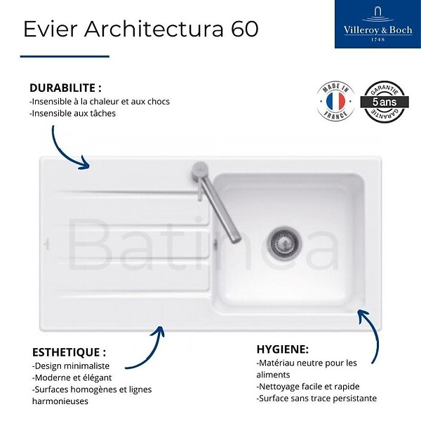 VILLEROY ET BOCH - Evier  Architectura 60 + Robinet de cuisine Junis Shower - large