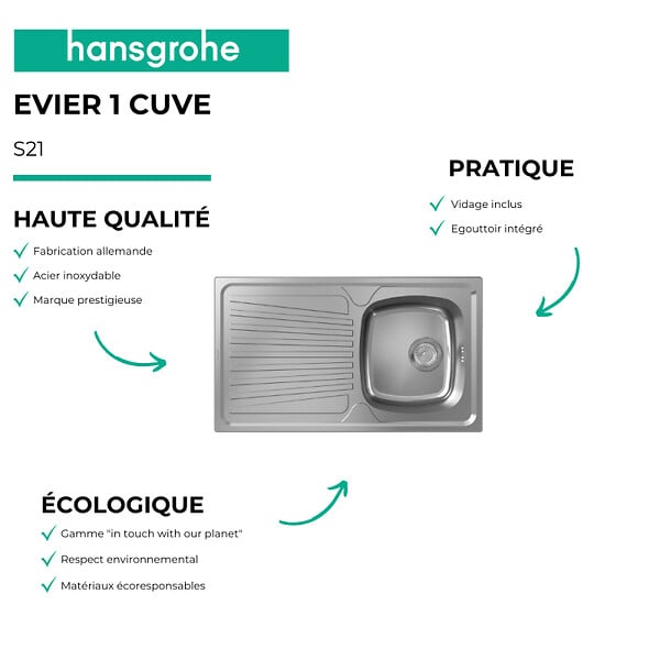 HANSGROHE - Evier 1 bac S21 inox + robinet de cuisine Logis M31 120 chromé - large