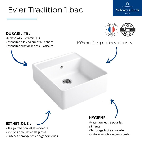 VILLEROY ET BOCH - Evier  Timbre d'office Tradition 1 cuve vidage auto + Robinet de cuisine Avia 2.0 Bronze - large