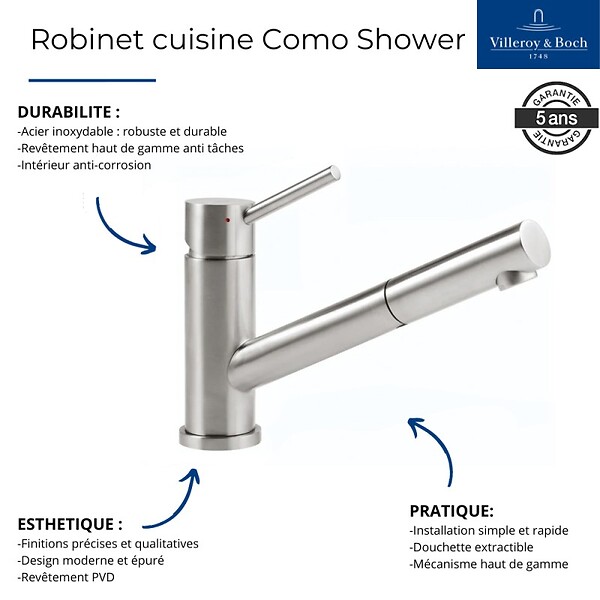 VILLEROY ET BOCH - Evier  Architectura 60 vidage auto + Robinet de cuisine Como Shower Window Acier Massif - large