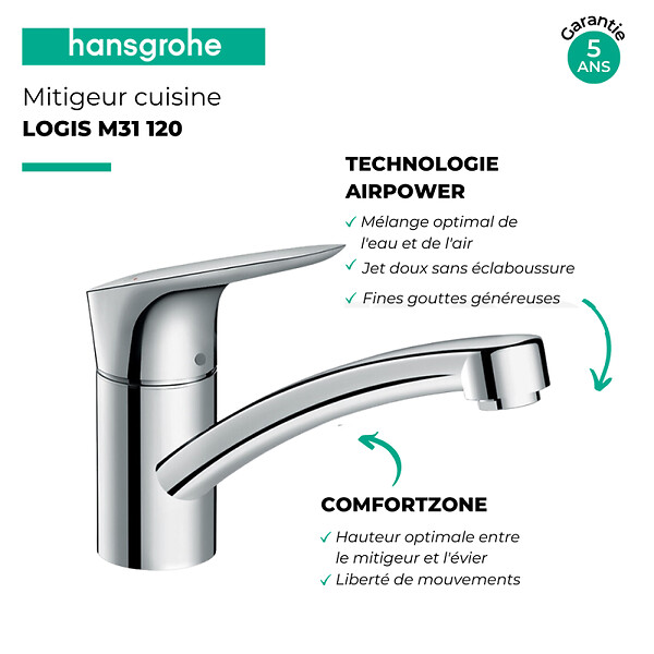 HANSGROHE - Evier 1 bac 840 S52 synthèse noir + robinet de cuisine Logis M31 120 chromé - large