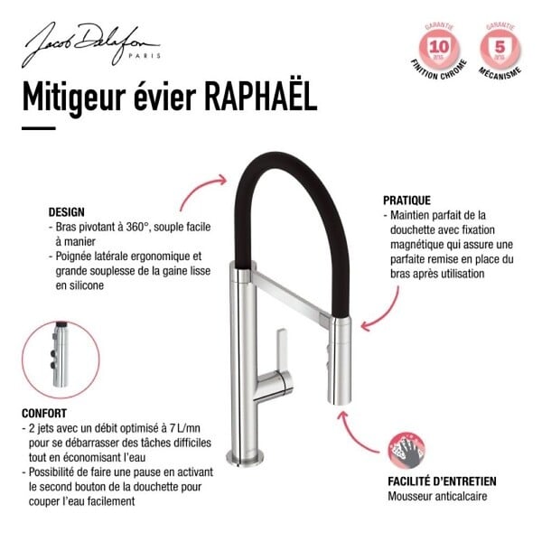 JACOB DELAFON - Evier à encastrer 1 bac Gaspard + robinet cuisine Raphaël - large
