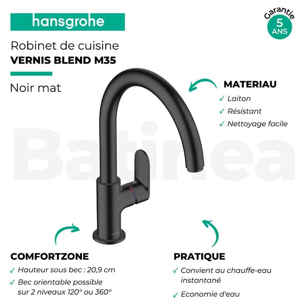 HANSGROHE - Evier 1 bac 840 S52 synthèse noir + robinet de cuisine Vernis Blend M35 210 noir mat - large