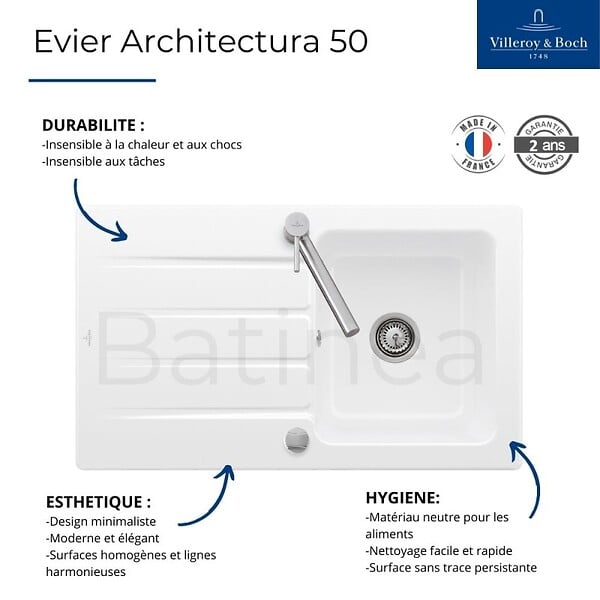 VILLEROY ET BOCH - Evier 86 x 51 cm  Architectura 50 Blanc + Robinet cuisine Bauloop - large