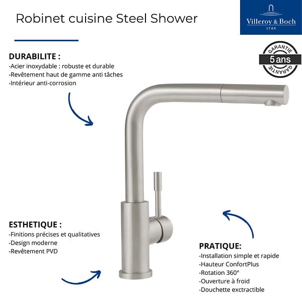 VILLEROY ET BOCH - Robinet cuisine  Steel Shower anthracite + nettoyant - large