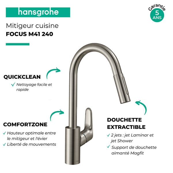 HANSGROHE - Mitigeur Évier Focus 240 Hansgrohe - Avec Douchette Extractible - 2 Jets - Chromé - large