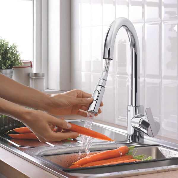 GROHE - Robinet de cuisine avec douchette Feel chromé Quickfix + microfibre - large