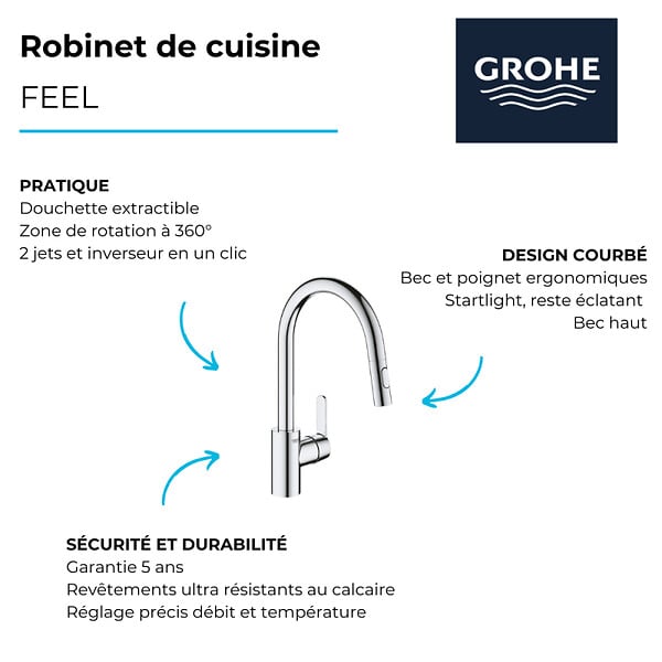 GROHE - Robinet de cuisine avec douchette Feel chromé Quickfix + microfibre - large