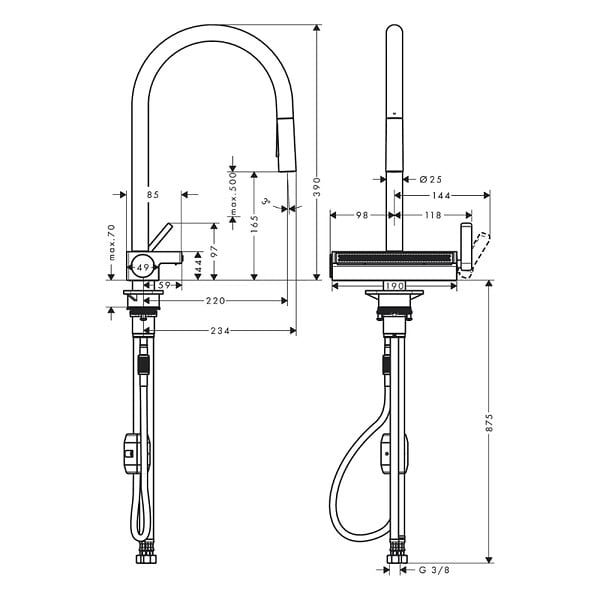 HANSGROHE - Robinet de cuisine avec douchette Aquno Select M81 170 3 jets noir mat - large