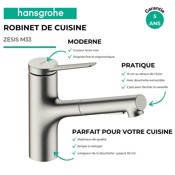 HANSGROHE - Robinet de cuisine avec douchette Zesis M33 150 2 jets aspect acier inox + nettoyant Briochin - large