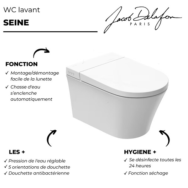 JACOB DELAFON - WC lavant sans bride Seine avec télécommande + abattant - large