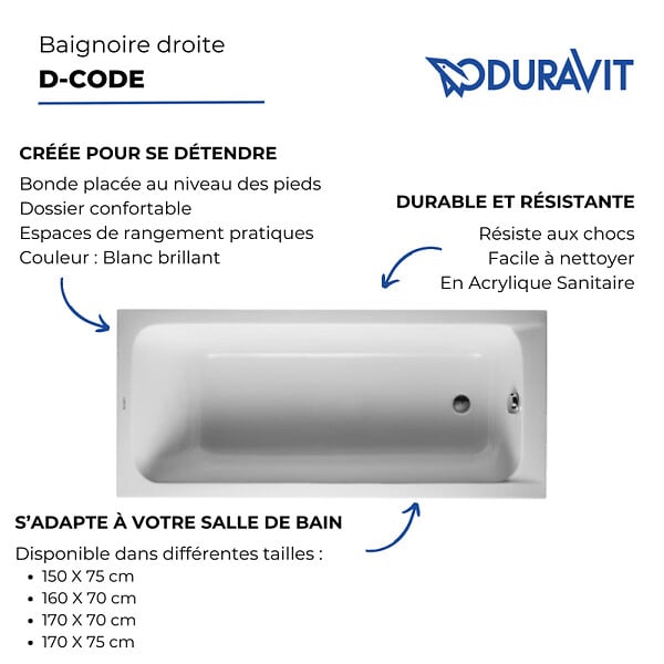 DURAVIT - Baignoire acrylique avec pieds D-Code - Dimensions : 170 x 70 cm - Couleur : BLANC - large