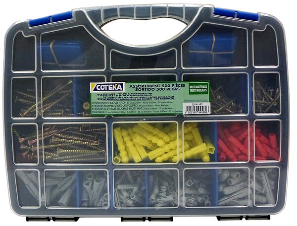COTEKA - 1 mallette de 500 pièces -250 vis + 250 chevilles - large
