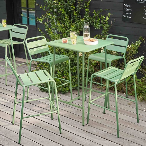 OVIALA - Ensemble table de bar et 4 chaises hautes en métal vert sauge - Palavas - large