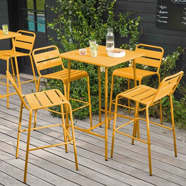 OVIALA - Ensemble table de bar et 4 chaises hautes en métal jaune - Palavas - large