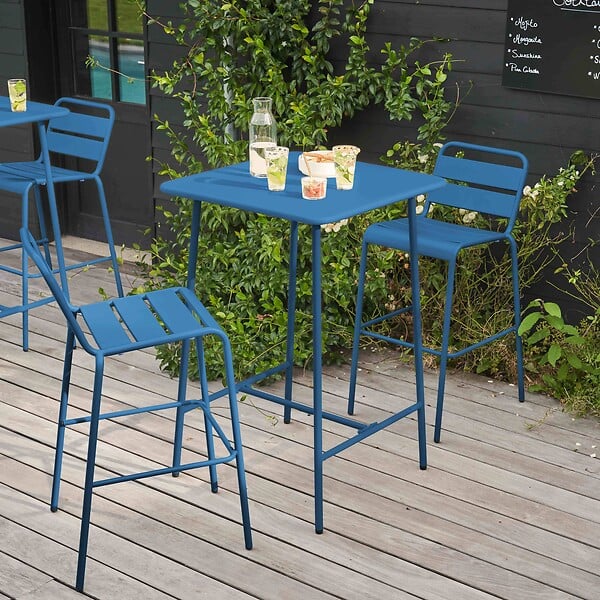 OVIALA - Ensemble table de bar et 2 chaises hautes en métal bleu pacific - Palavas - large