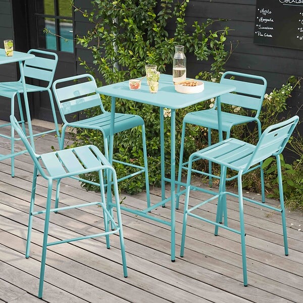 OVIALA - Ensemble table de bar et 4 chaises hautes en métal turquoise - Palavas - large